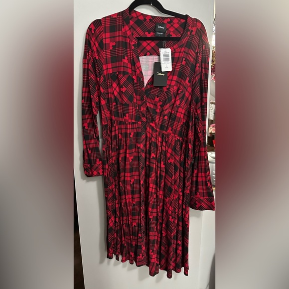 Disney Mickey Mouse Red & Black Plaid Button Front Shirt Dress Size 1 - Picture 4 of 5